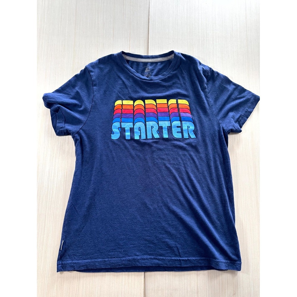 Starter T-Shirt‎ Men's Large Navy Blue Graphic Retro Rainbow Logo Short Sleeve